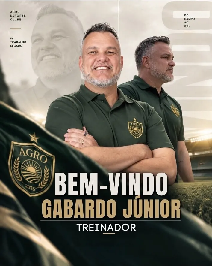 Arte oficial de boas-vindas do Agro Esporte Clube a Gabardo Júnior